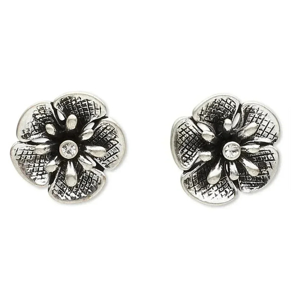 Antique Silver Plated Austrian Crystal Carved Round Flower Stud Earrings - Picture 1 of 1